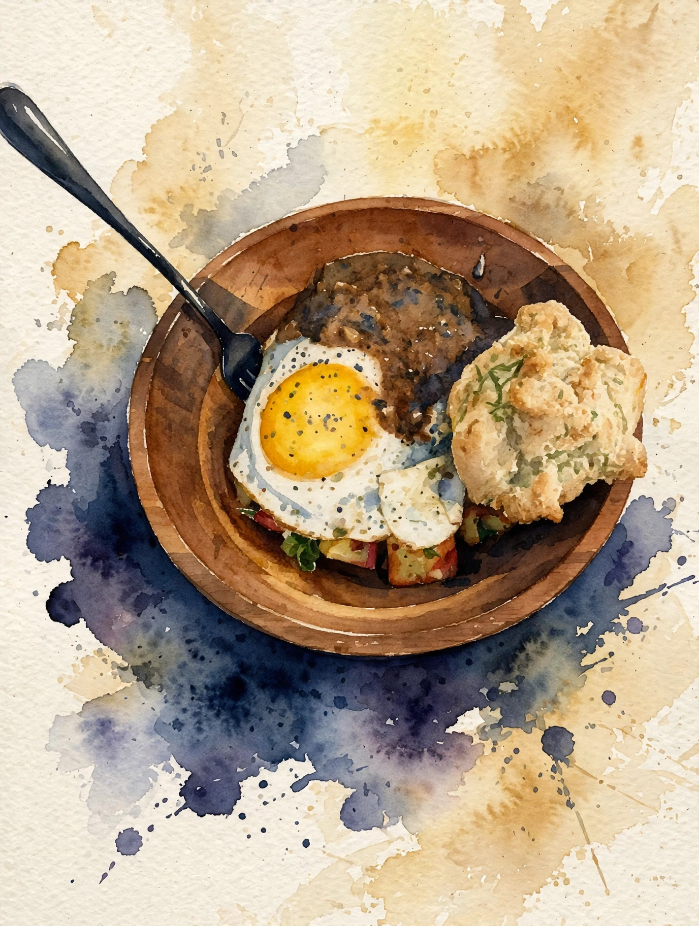 The finished Samhain breakfast bowl — hash, sunny-side egg, gravy, and biscuit, watercolor