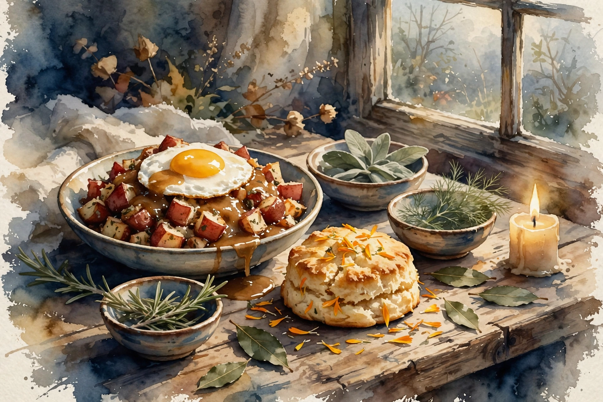 Samhain breakfast hash with egg, gravy, and a calendula biscuit by candlelight, watercolor