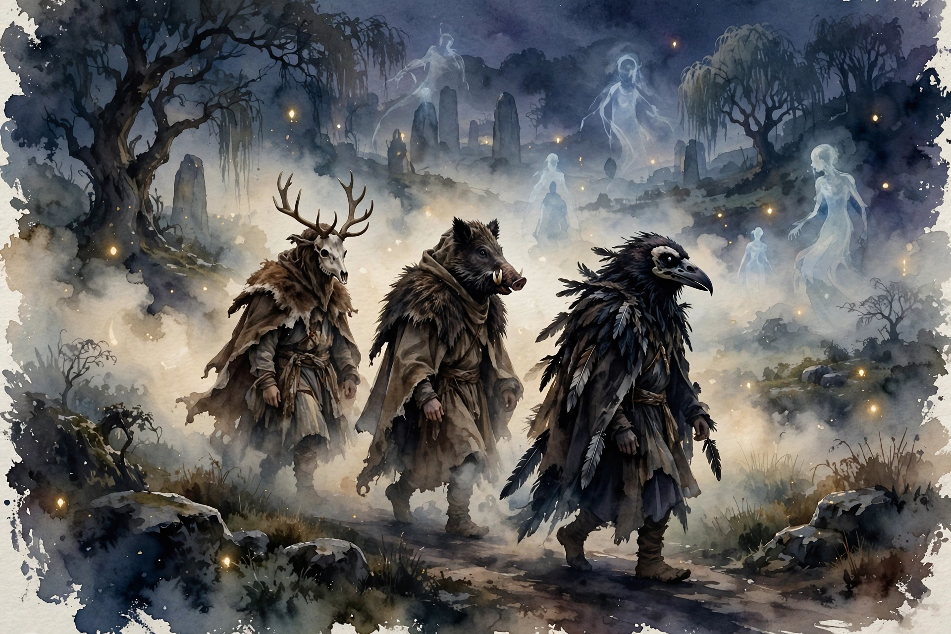 Villagers in animal-head disguises walking through mist at Samhain, watercolor